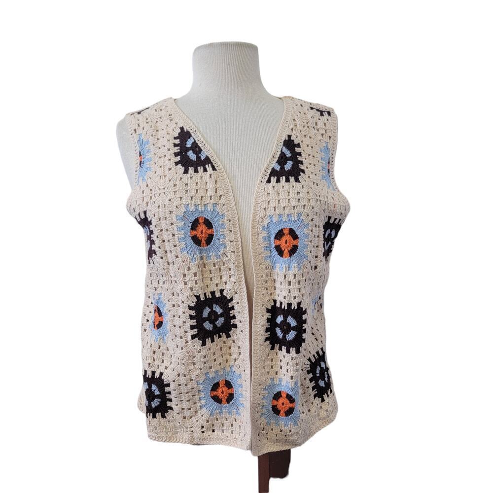 VTG Cato Granny Square Crochet Knit Open Front Sweater Vest Women's Size L